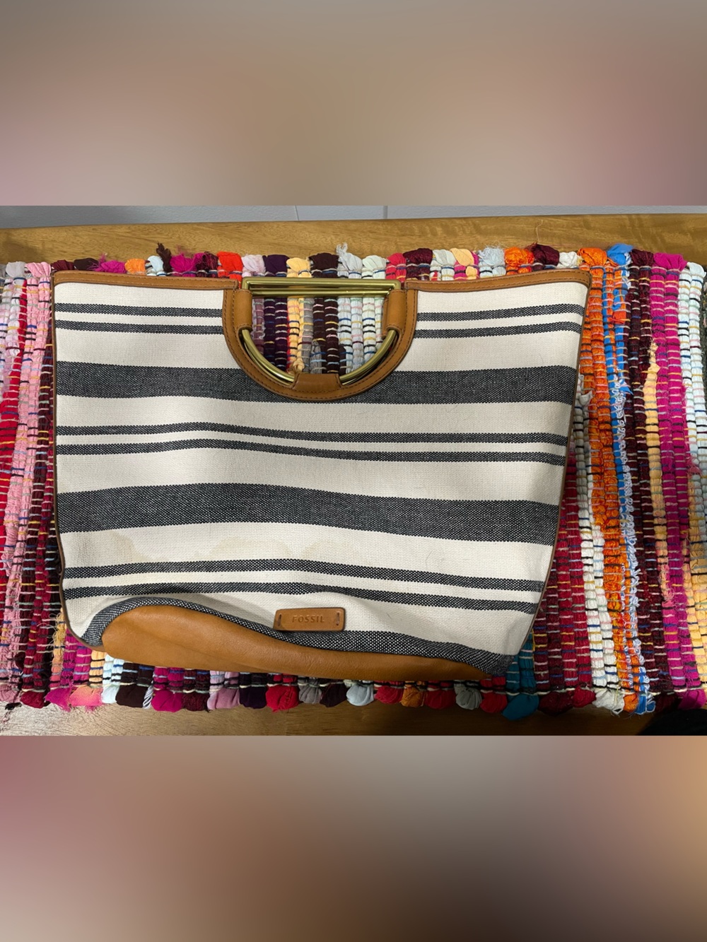 Fossil Black-and-White Striped Canvas Clutch with Tan Leather Trim